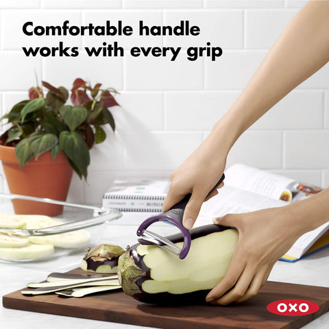 OXO Good Grips Large Vegetable Y-Prep Peeler in hand during prep to prevent bruising.