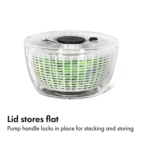 OXO Good Grips Little Salad Spinner parts are dishwasher safe, top rack recommended.