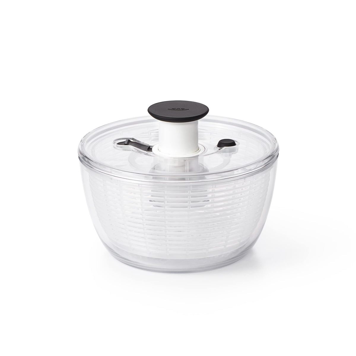 OXO Good Grips Little Salad Spinner shows one-handed pump for fast greens drying.