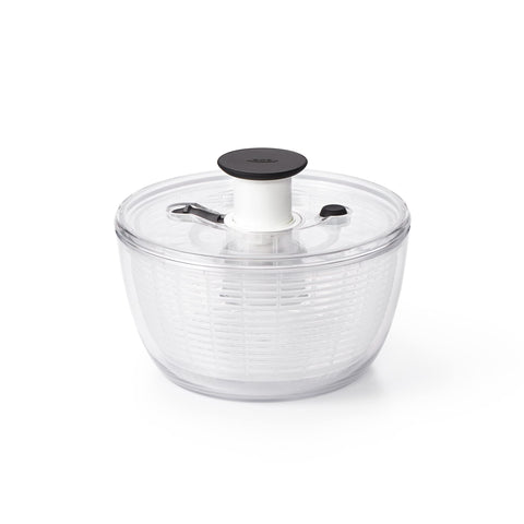 OXO Good Grips Little Salad Spinner shows one-handed pump for fast greens drying.