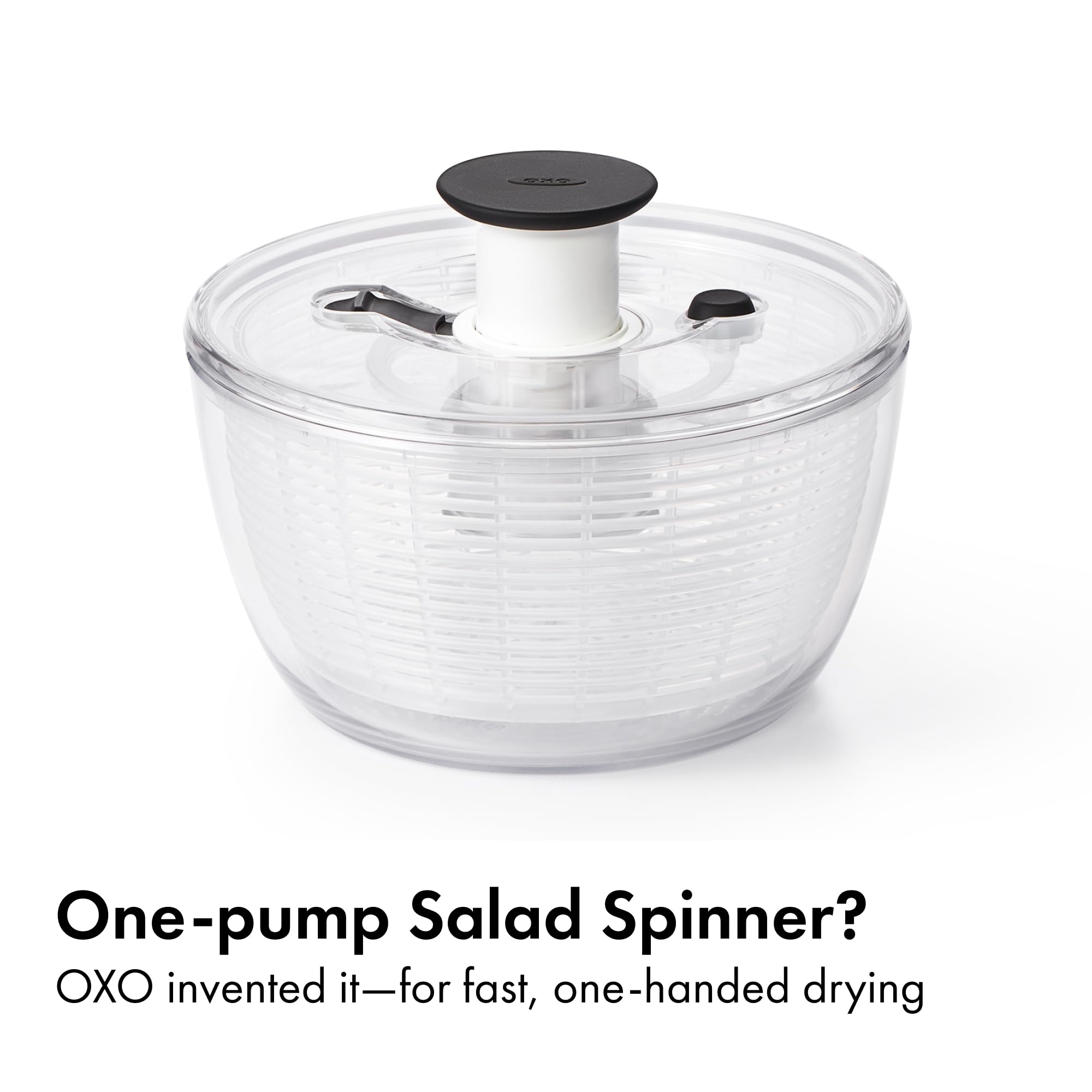 OXO Good Grips Little Salad Spinner with patented brake stops the basket instantly.