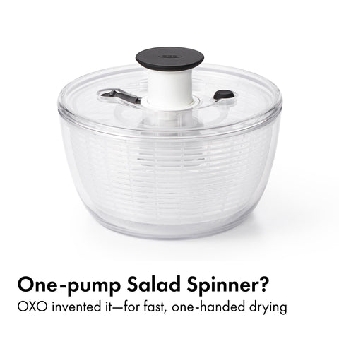 OXO Good Grips Little Salad Spinner with patented brake stops the basket instantly.