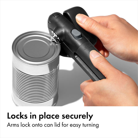 OXO cutting wheel slices lids cleanly for smooth can opening.