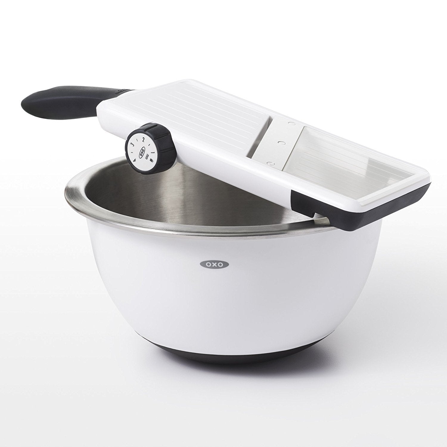 OXO Good Grips Large Mandoline non-slip handle and base provide stable kitchen use.