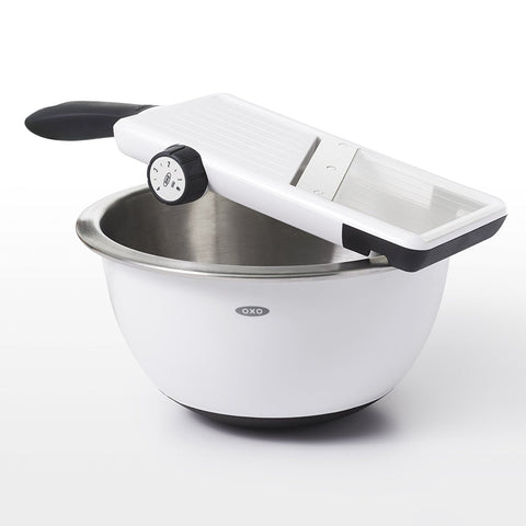 OXO Good Grips Large Mandoline non-slip handle and base provide stable kitchen use.
