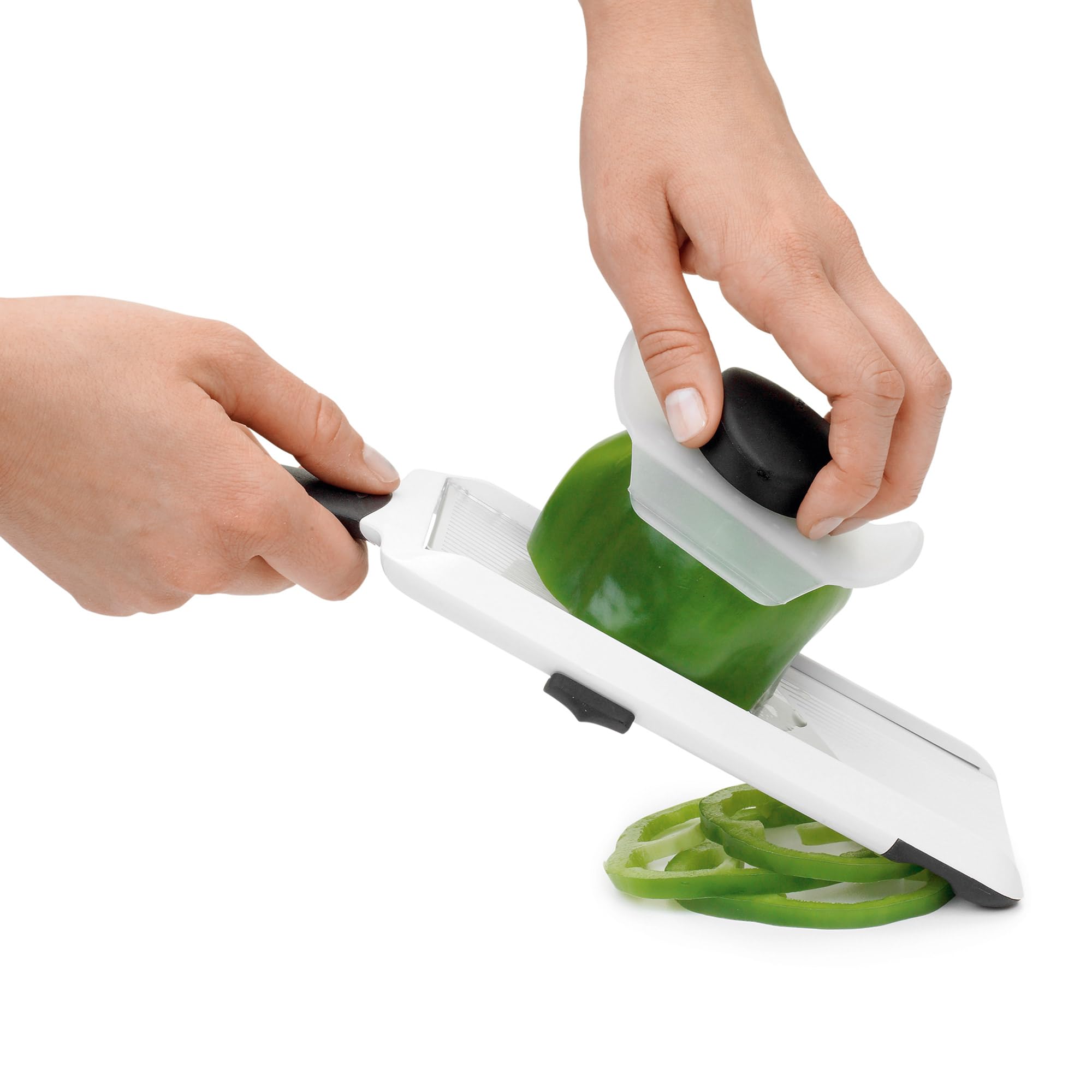OXO Good Grips Mandoline Slicer hooks over a bowl for integrated prep