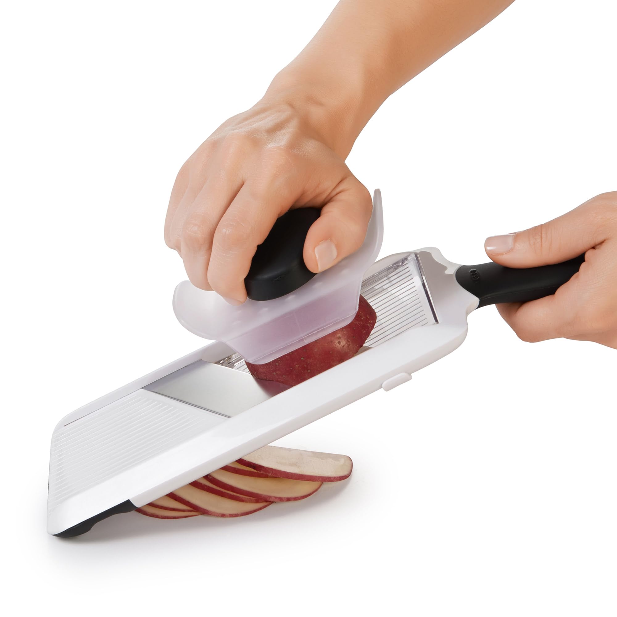 OXO Good Grips Mandoline Slicer slices directly onto a plate for quick prep
