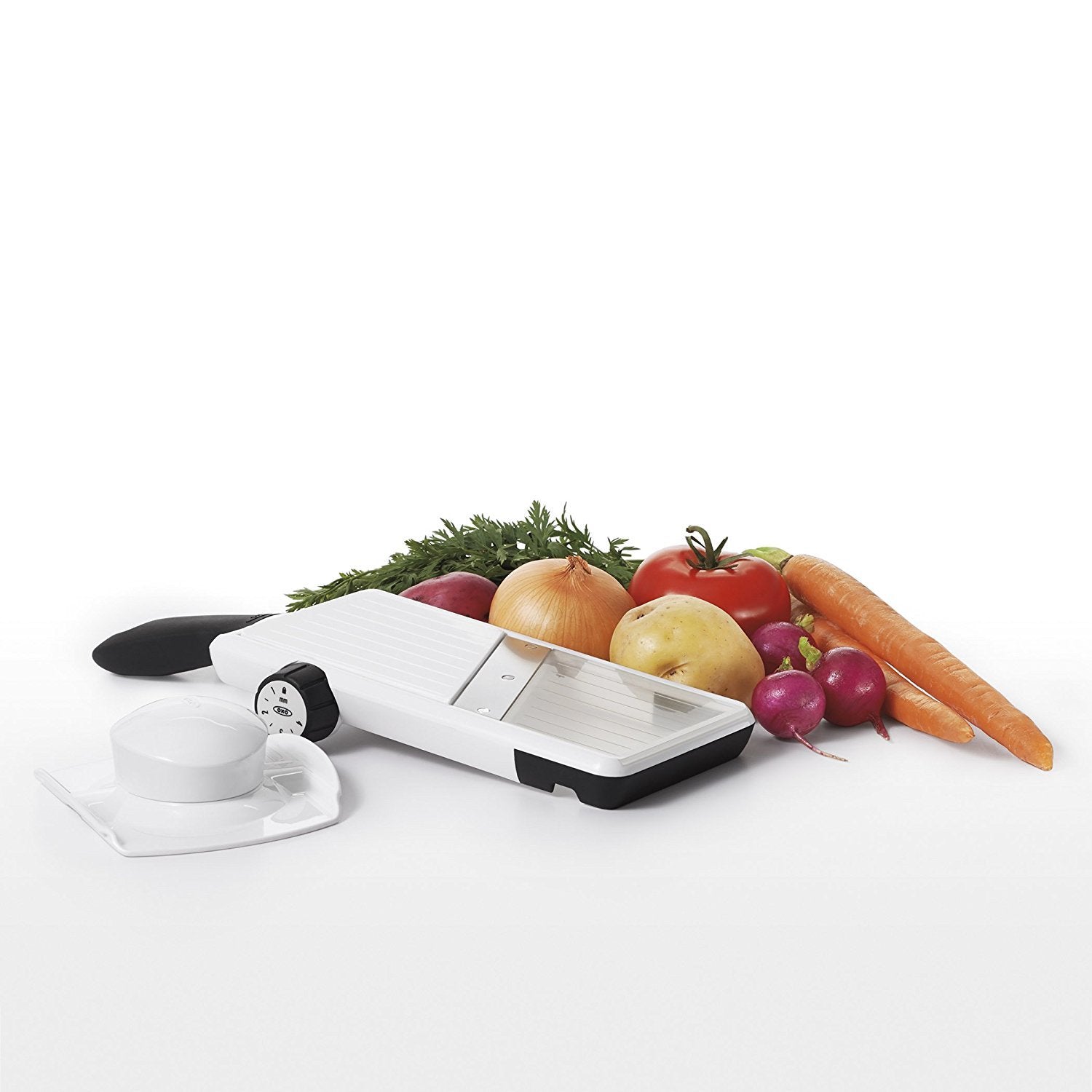 OXO Good Grips Large Mandoline wide ramp fits small and large vegetables with ease.