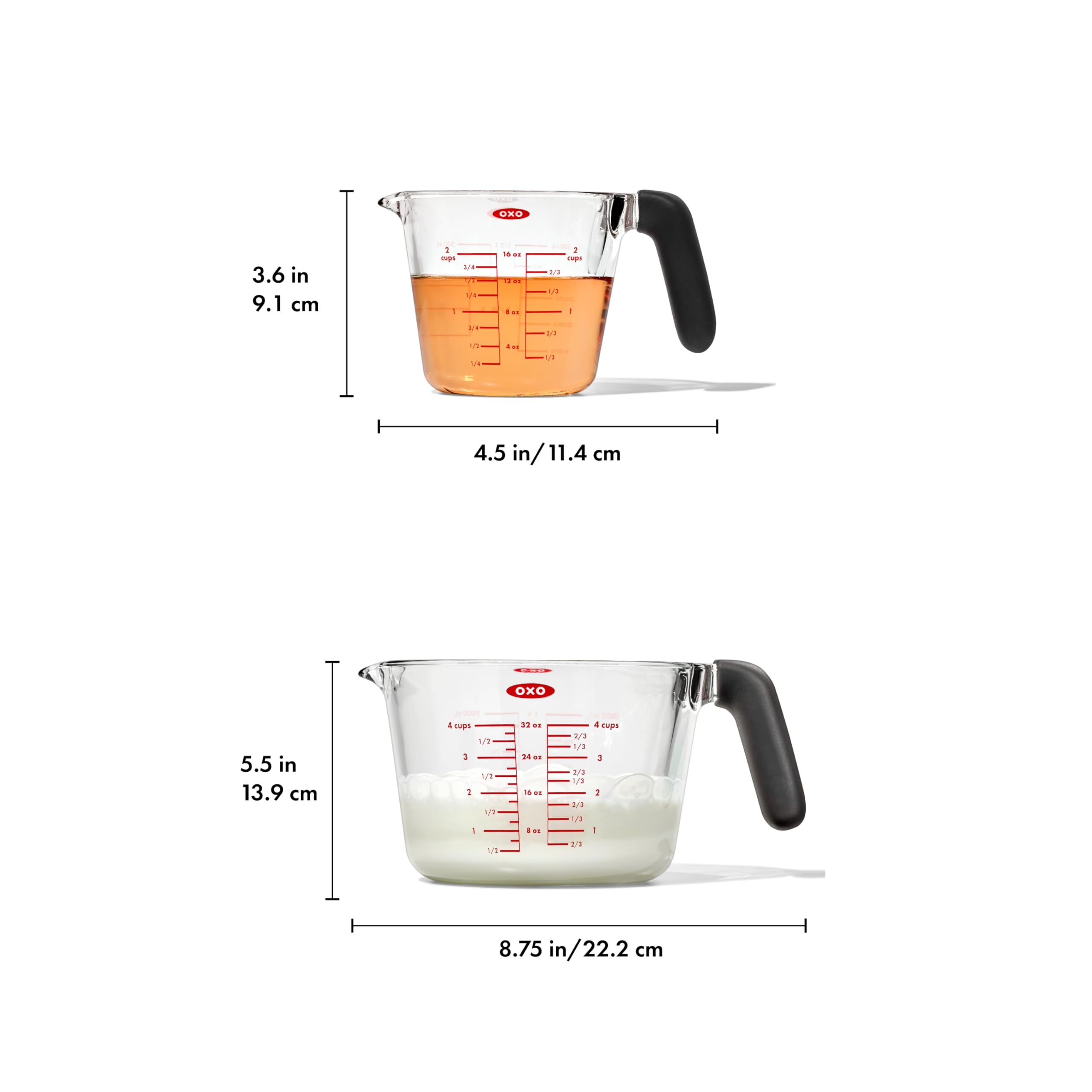 OXO Good Grips cups with clear metric and standard markings for quick conversions
