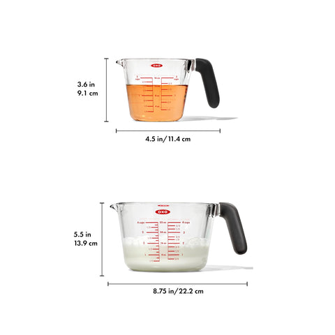 OXO Good Grips cups with clear metric and standard markings for quick conversions