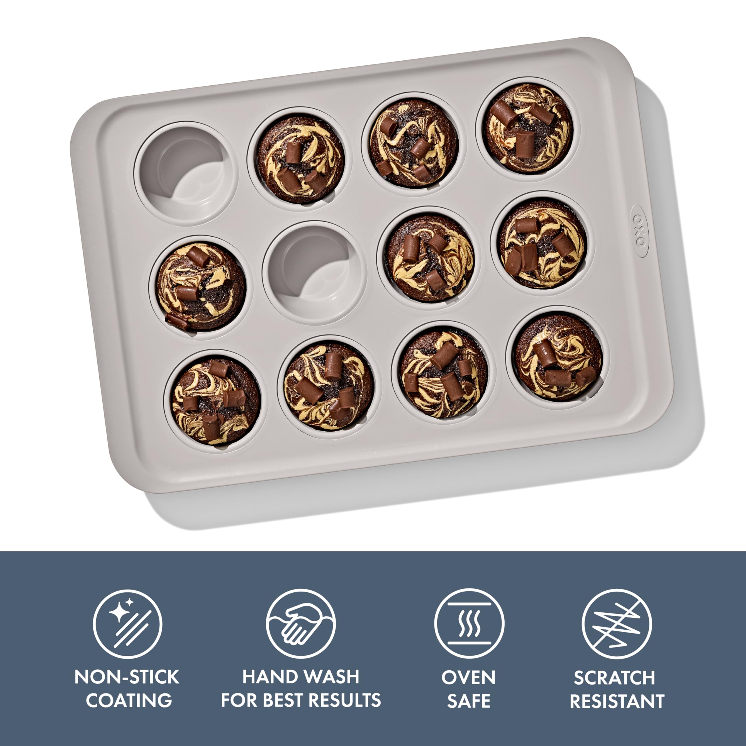 OXO Good Grips muffin pan ceramic nonstick coating enables clean food release.