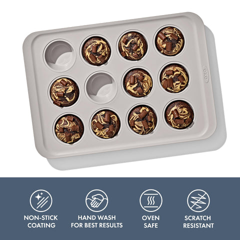 OXO Good Grips muffin pan ceramic nonstick coating enables clean food release.