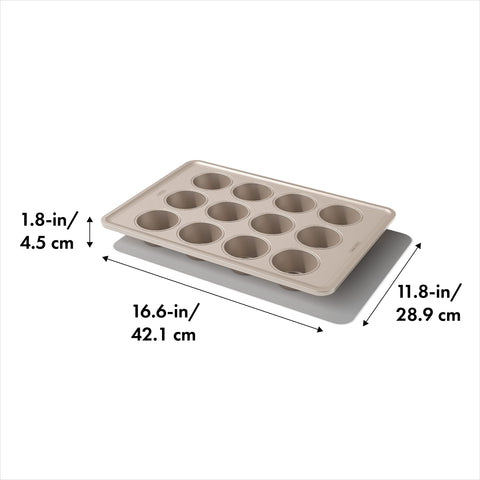 OXO Good Grips muffin pan coating detail highlights ceramic-reinforced, scratch-resistant surface.