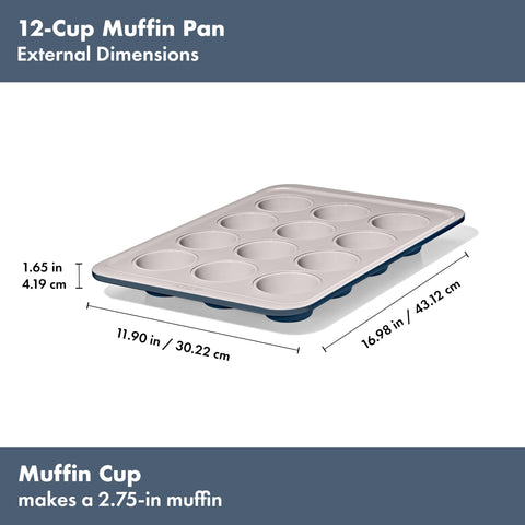 OXO Good Grips muffin pan includes top surface dimension markings.