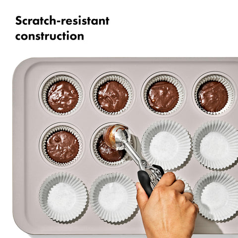 OXO Good Grips muffin pan heavy-gauge steel for durability.