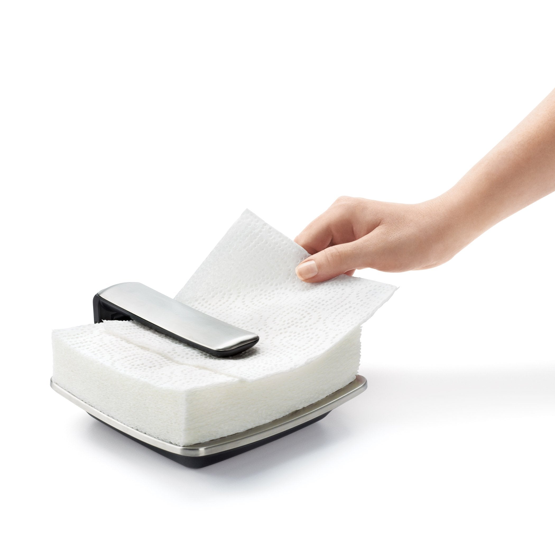 Open wide arm on OXO Good Grips Napkin Holder for one handed refilling