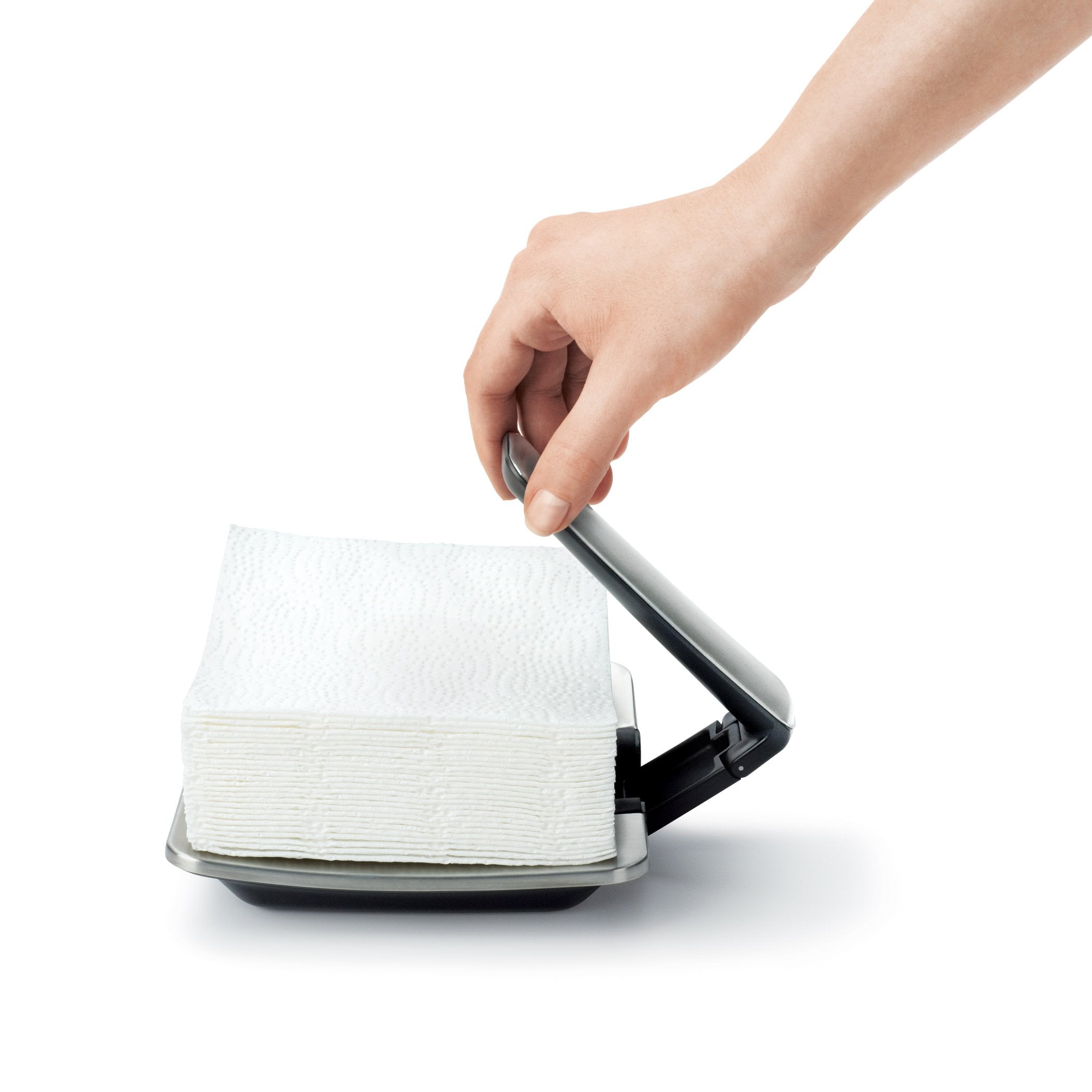 Sturdy stainless steel body of OXO Good Grips Napkin Holder adds durability and style