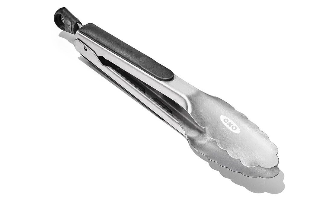 OXO Good Grips nine-inch tongs in brushed stainless steel for durable flipping