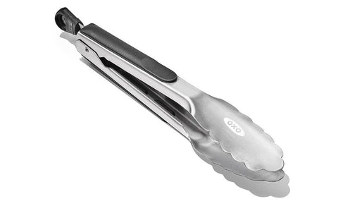 OXO Good Grips nine-inch tongs in brushed stainless steel for durable flipping