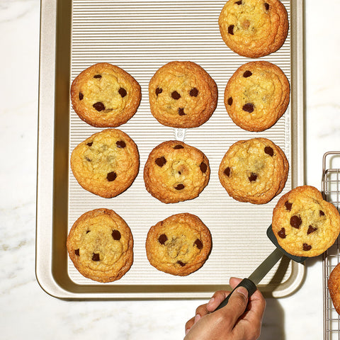 OXO Good Grips non-stick pro cookie sheet in use shows steady performance in heat.