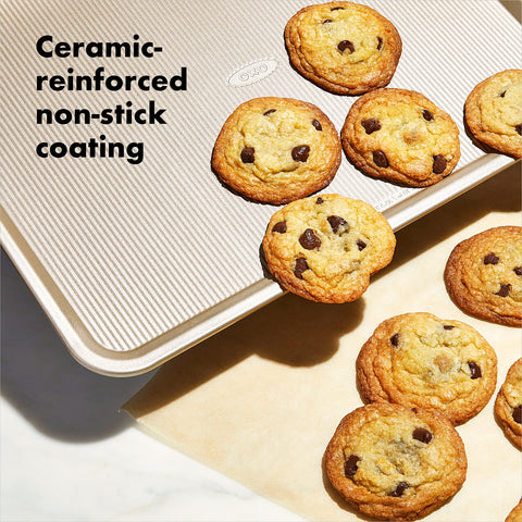 OXO Good Grips cookie sheet with visible size markings helps quick, accurate identification.
