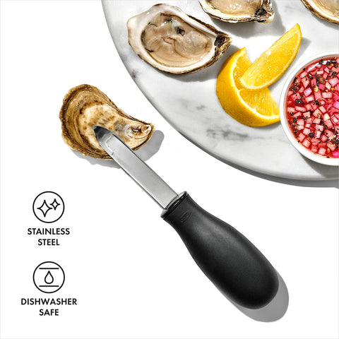 OXO Good Grips Oyster Knife ergonomic-grip design reduces hand fatigue.