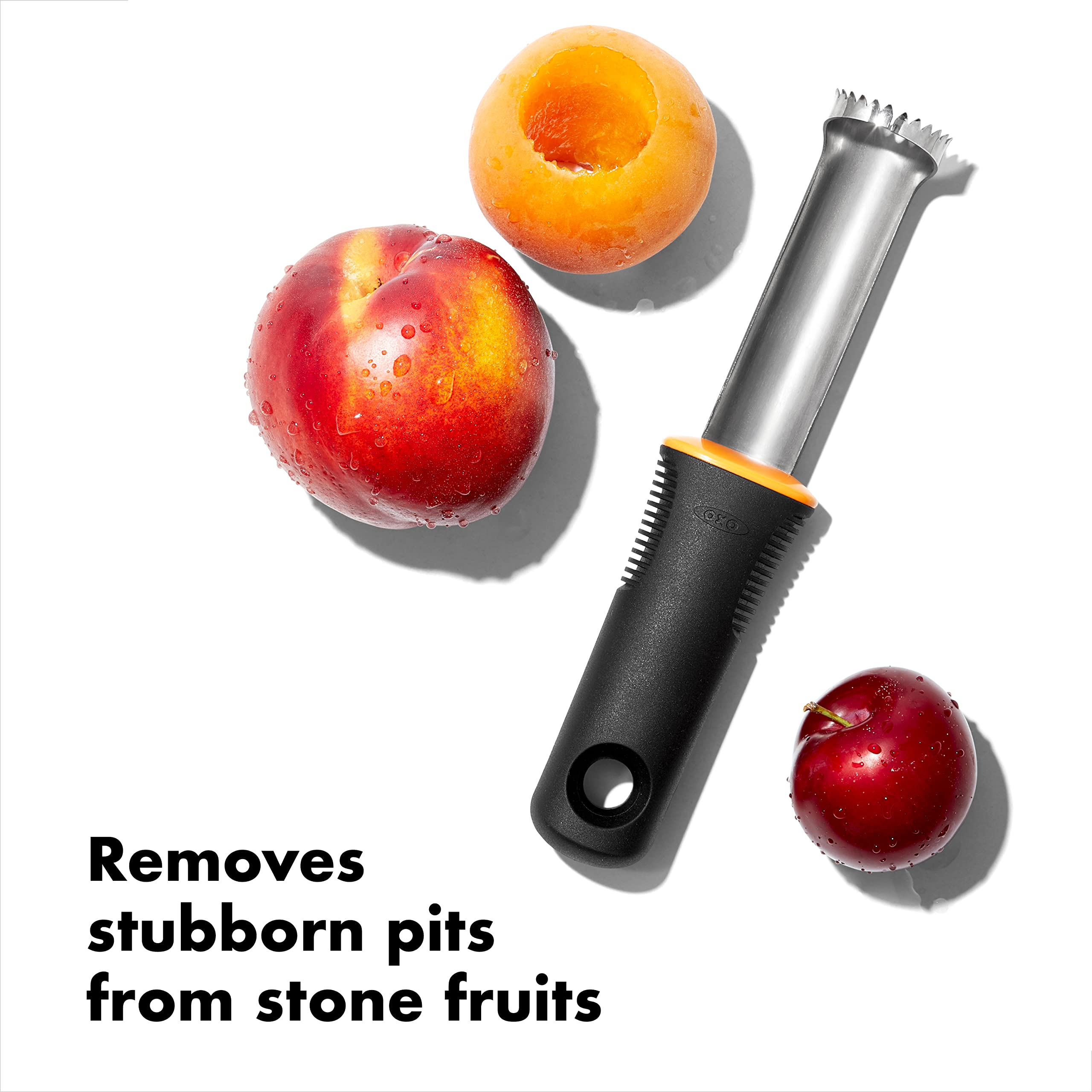OXO Good Grips Peach Pitter flexible head preserves flesh and leaves fruit intact.