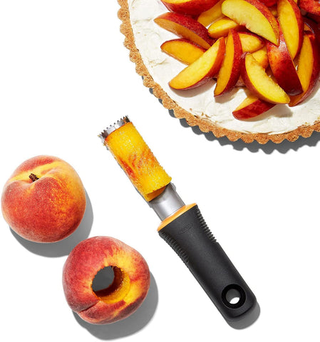 OXO Good Grips Peach Pitter dishwasher-safe design simplifies cleanup after use.