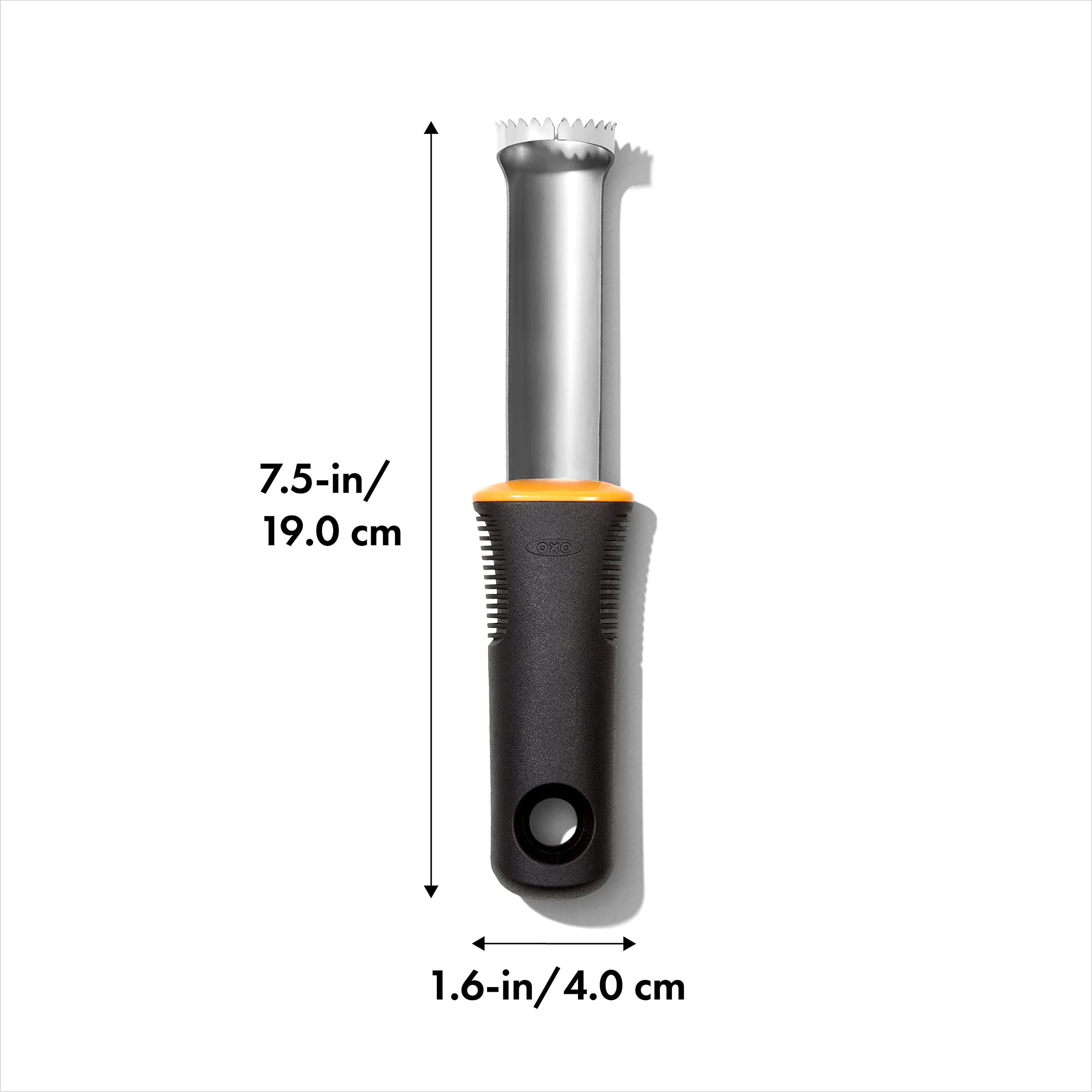 OXO Good Grips Peach Pitter close-up teeth gliding through fruit for clean pit removal.