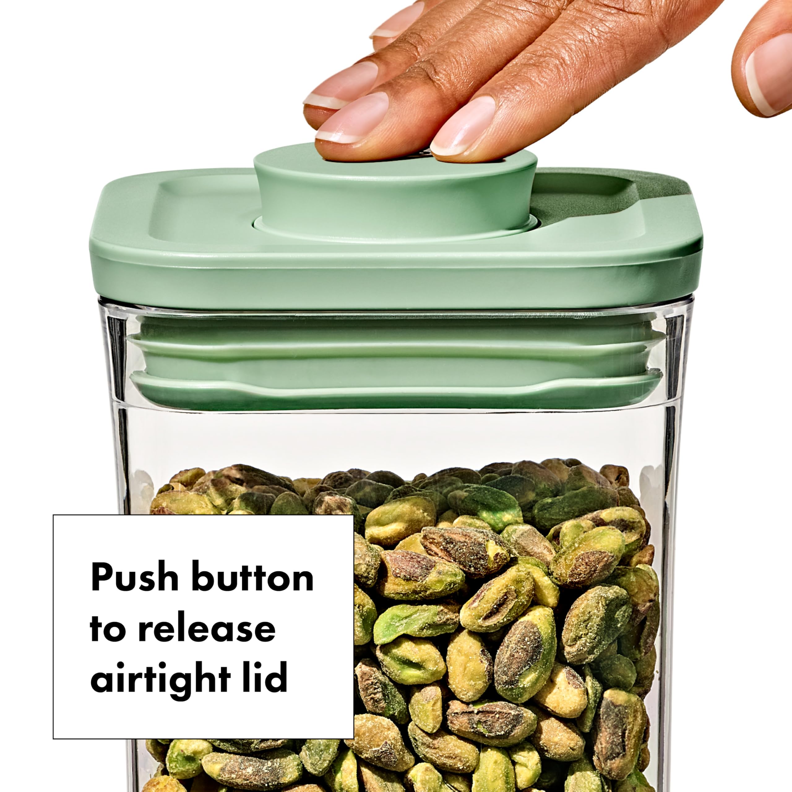 OXO Good Grips pistachio lids provide airtight seal for freshness.