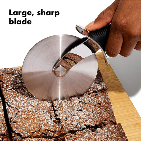 OXO Good Grips pizza wheel deep-dish cutting capability on thick crust.