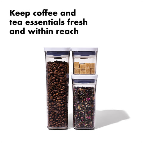 OXO Good Grips POP 1.2 Qt container stores coffee and pasta with space-saving stacking.