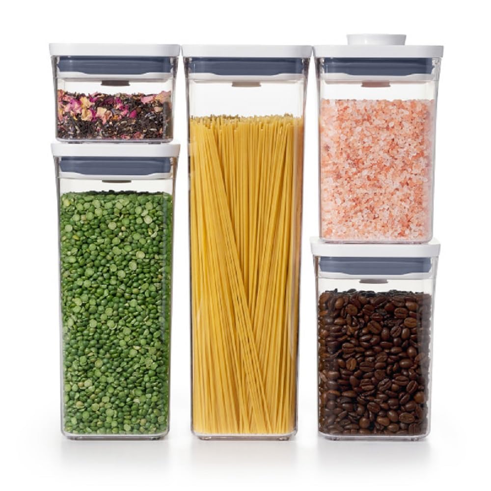 OXO Good Grips POP container set on a shelf for organized pantry storage.