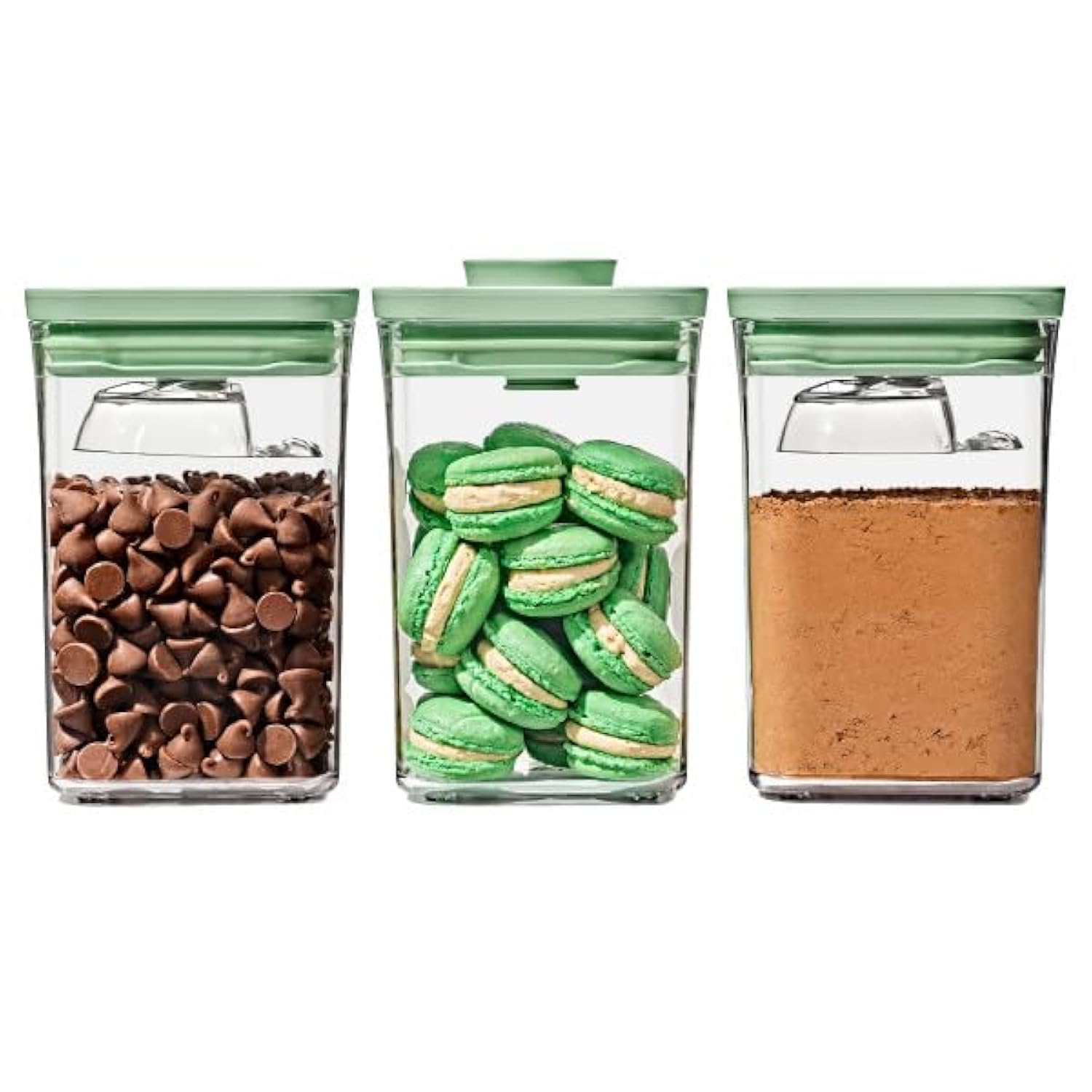 OXO Good Grips POP container set with pistachio lids for organized pantry storage.
