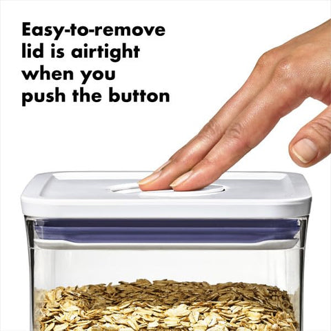 Space-saving, stackable canister supports compact pantry organization.