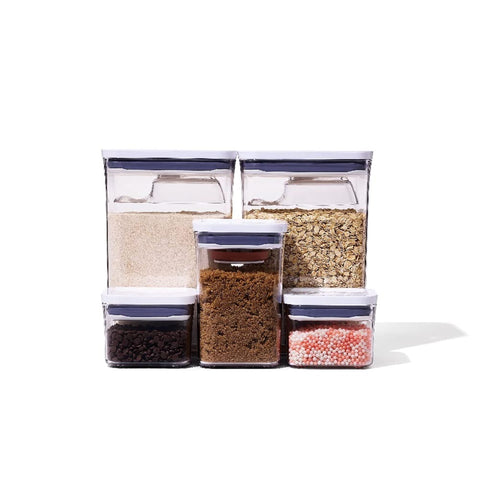 OXO Good Grips POP set displayed on counter for organized baking essentials.