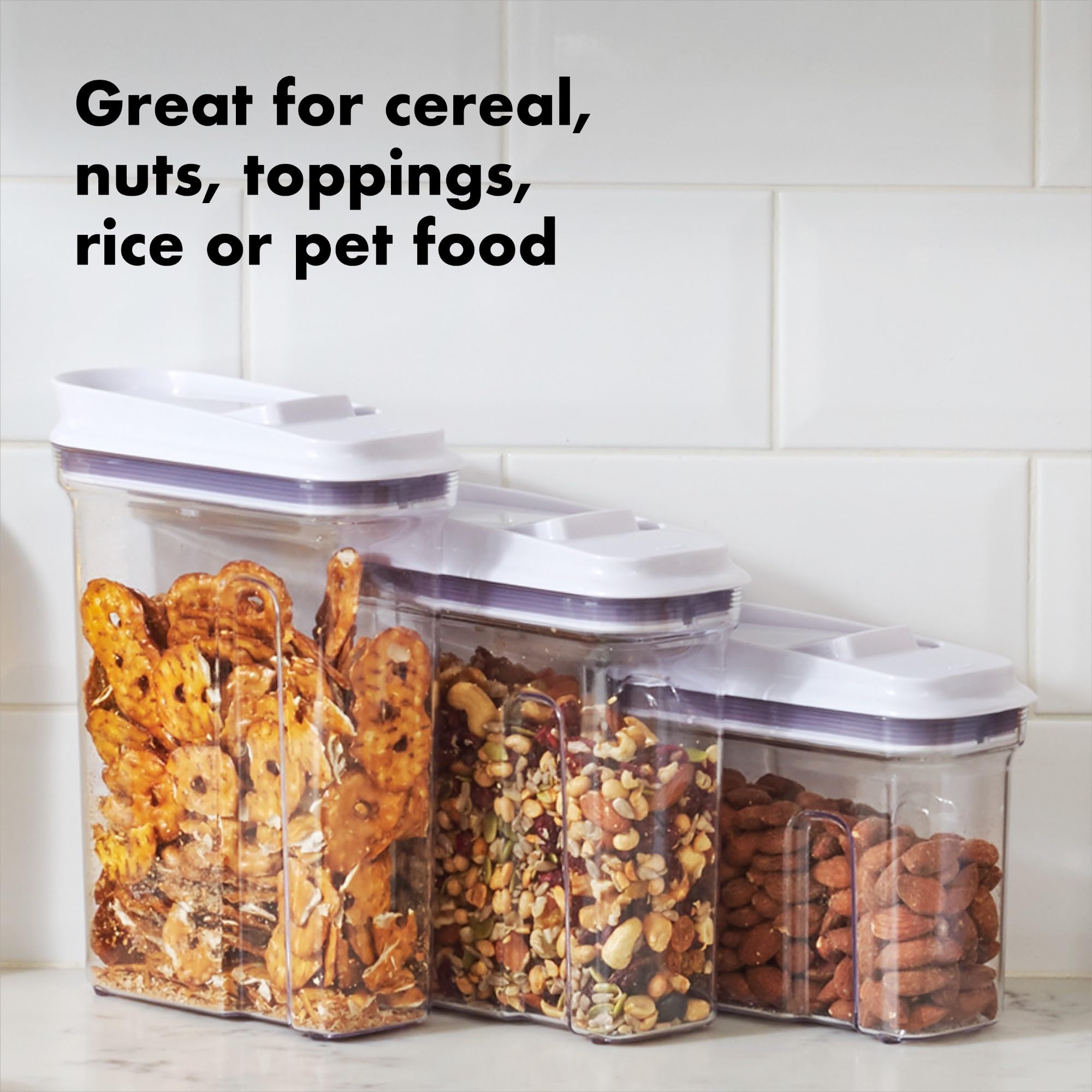 OXO Good Grips POP lid open for one-handed use and quick refills