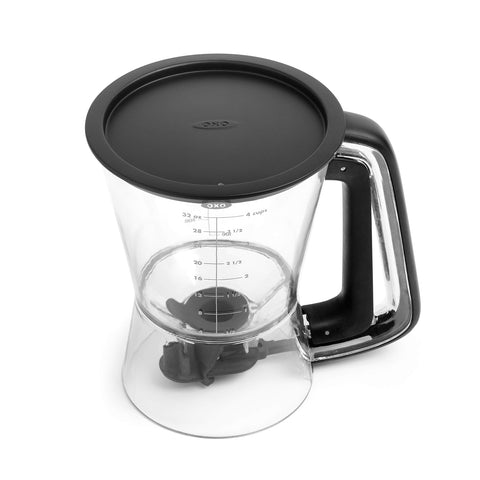 OXO Good Grips Precision Batter Dispenser, spout closeup, drip-free pouring for cupcakes.