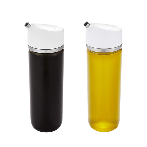 OXO Good Grips precision pour dispenser for oil and vinegar with clear glass and sleek accents.