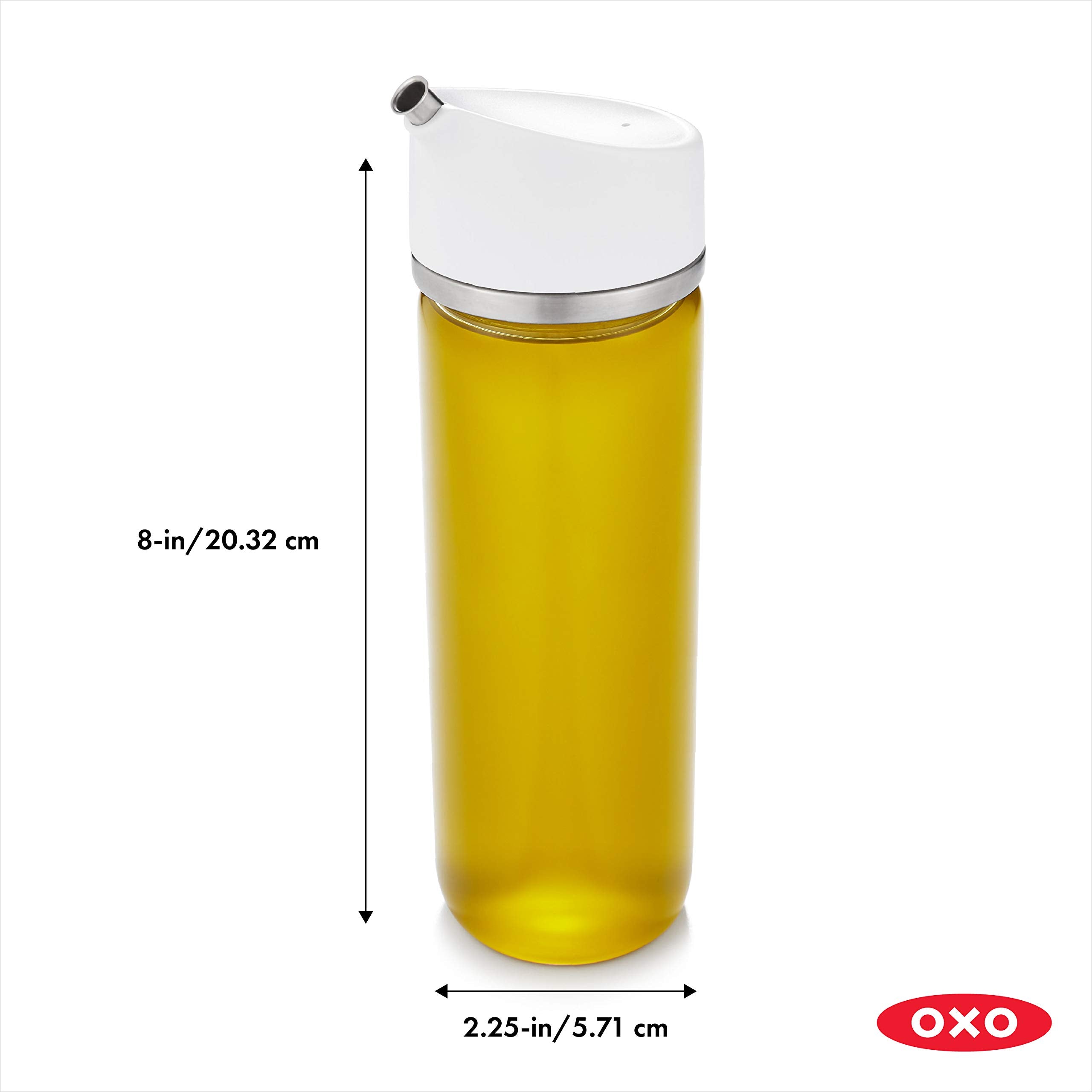OXO precision pour dispenser features a drip-free spout for mess-free kitchen prep.