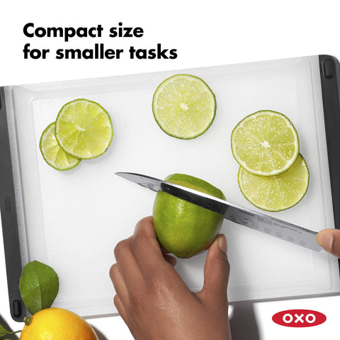 OXO Good Grips Prep Board with drip-catcher showing juiceless cleanup potential.