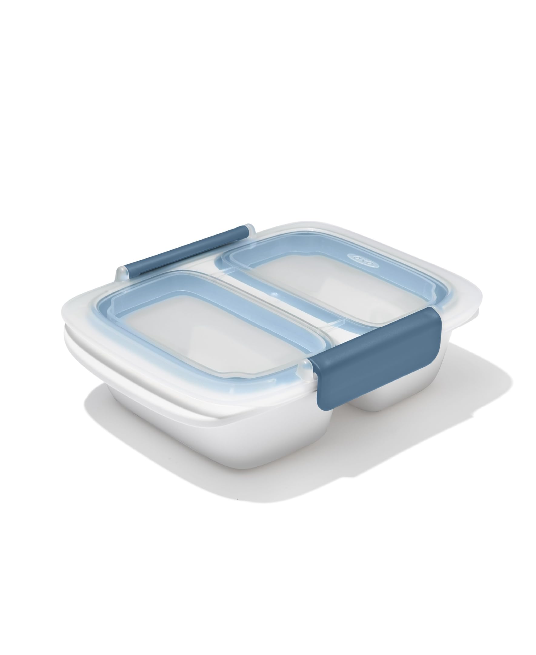 OXO Good Grips Prep & Go 2-Cup Divided Container in ocean blue, top view for organized lunches.