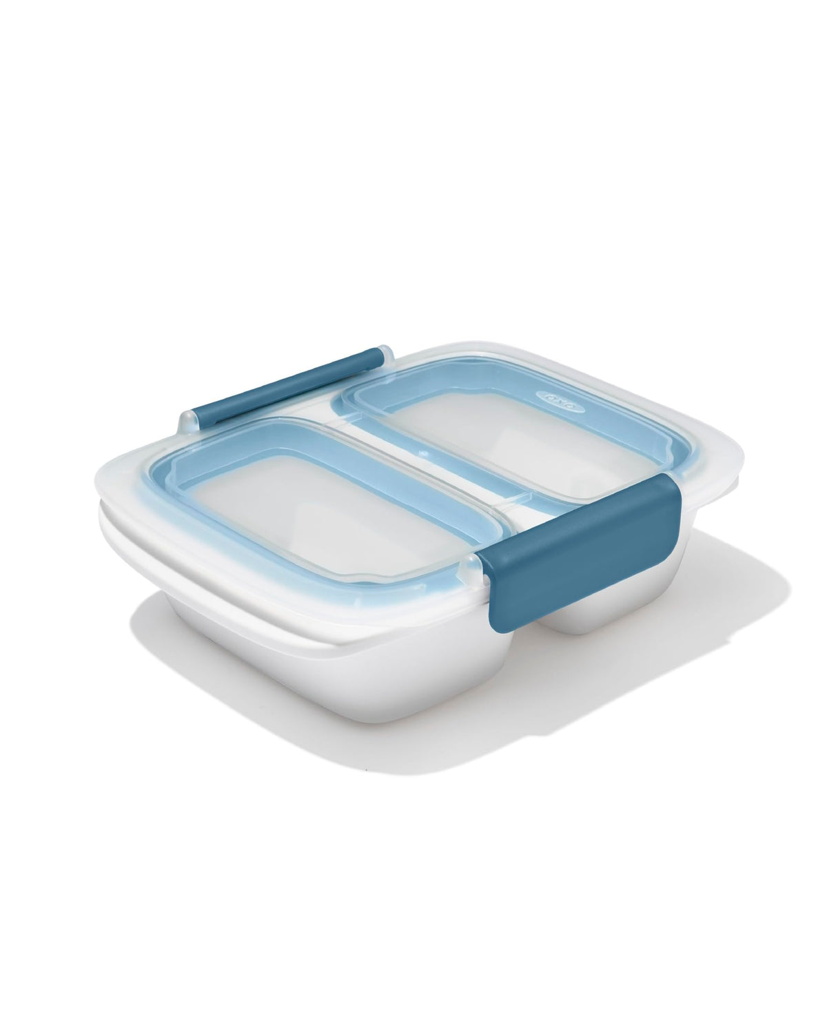 OXO Good Grips Prep & Go 2-Cup Divided Container in ocean blue, top view for organized lunches.