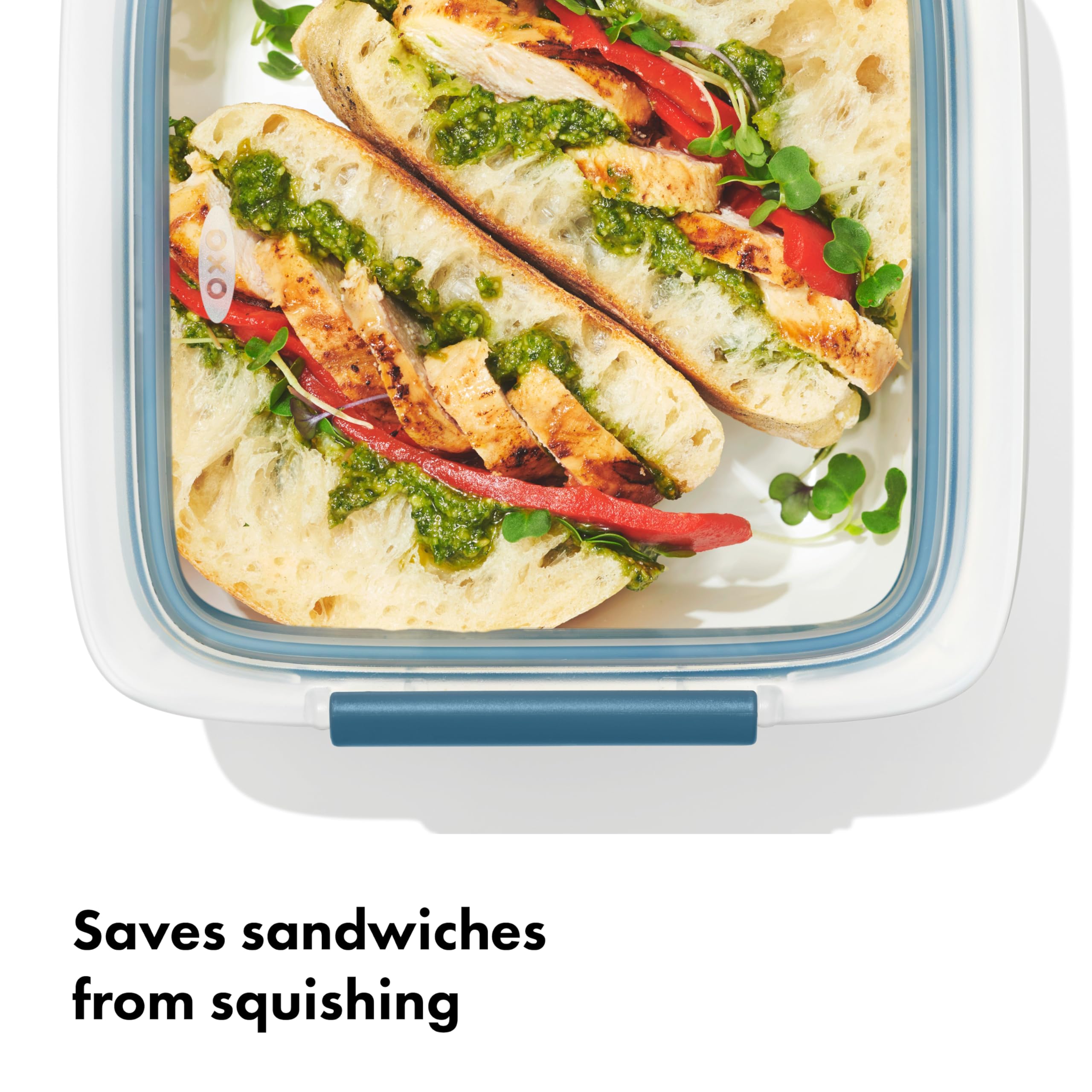 OXO Good Grips Prep & Go four point three cup capacity fits tall sandwiches.