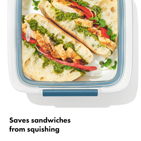 OXO Good Grips Prep & Go four point three cup capacity fits tall sandwiches.