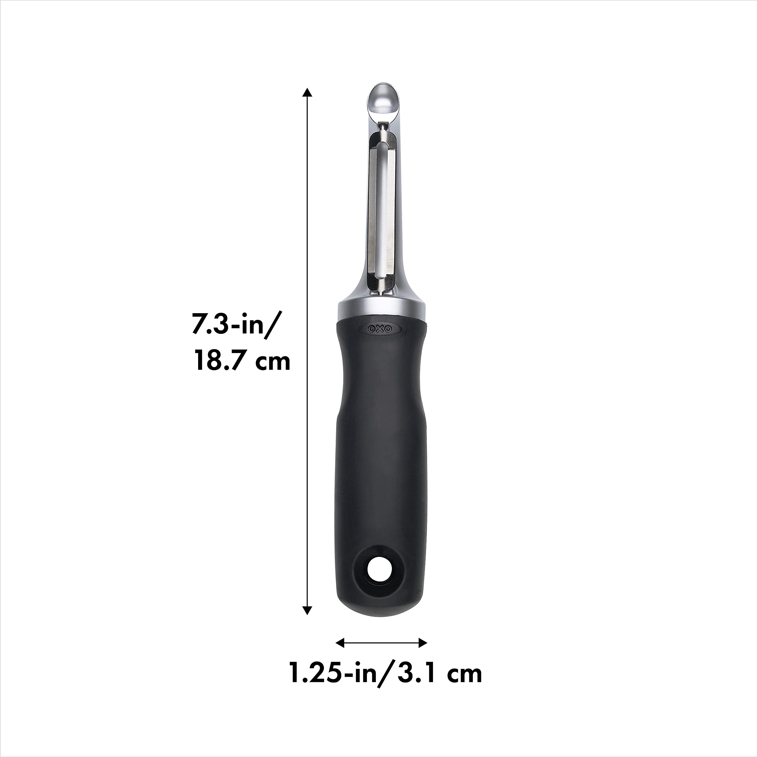 OXO Good Grips Pro Swivel Peeler blade detail highlights extra-hardened stainless steel for long-lasting sharpness.
