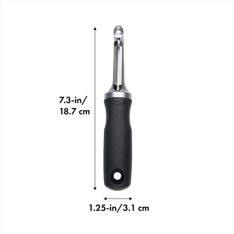 OXO Good Grips Pro Swivel Peeler blade detail highlights extra-hardened stainless steel for long-lasting sharpness.