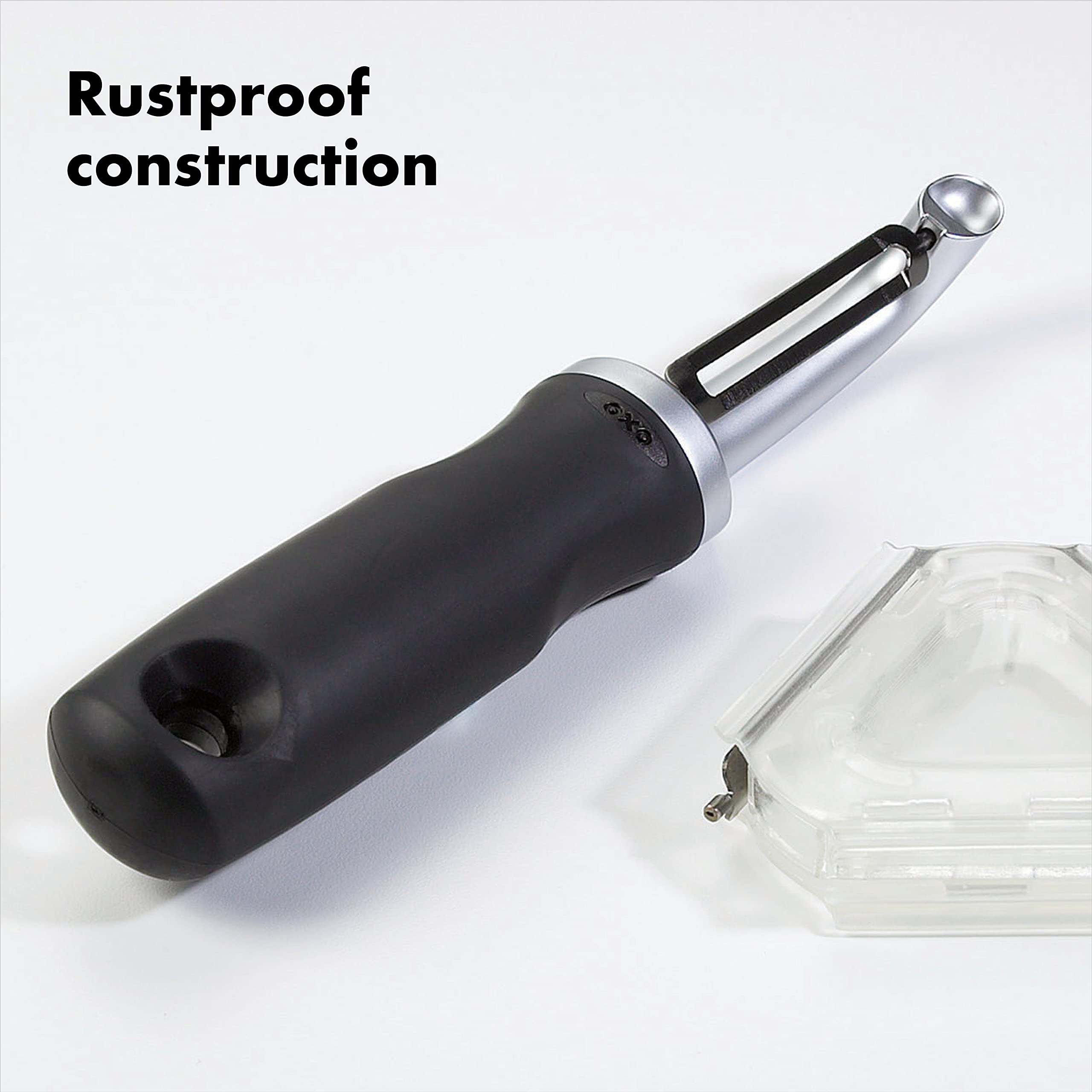 OXO Good Grips Pro Swivel Peeler ergonomic grip promotes comfortable peeling with cushioned handle.
