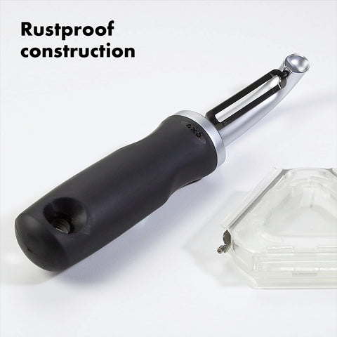 OXO Good Grips Pro Swivel Peeler ergonomic grip promotes comfortable peeling with cushioned handle.