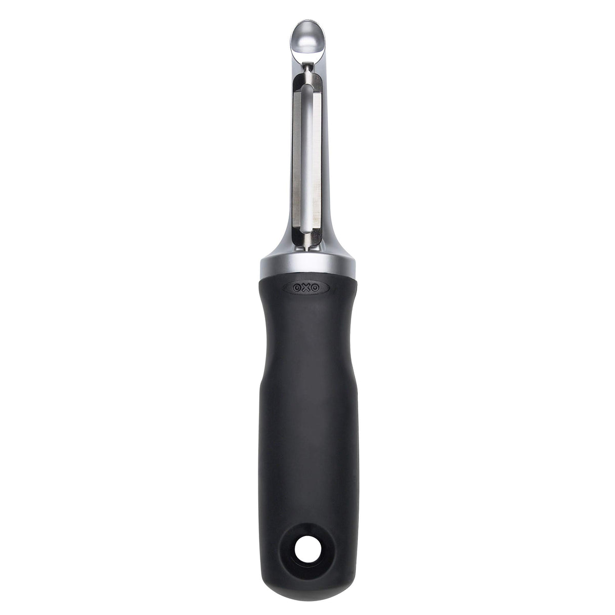 OXO Good Grips Pro Swivel Peeler handle detail showing non-slip ergonomic grip for easy peeling.